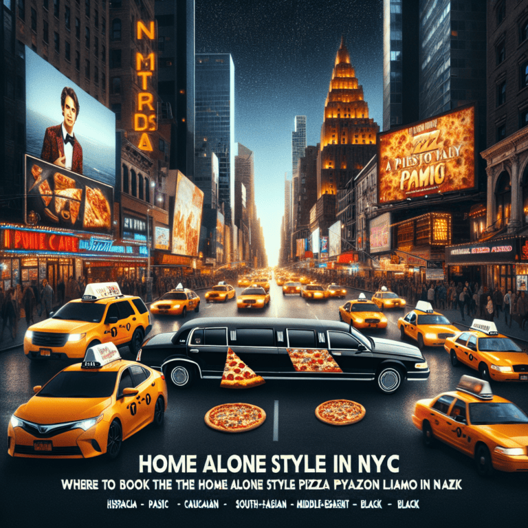 NYC Times Square with taxis and pizza-themed limo