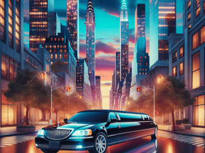 Black stretch limousine on city street at sunset