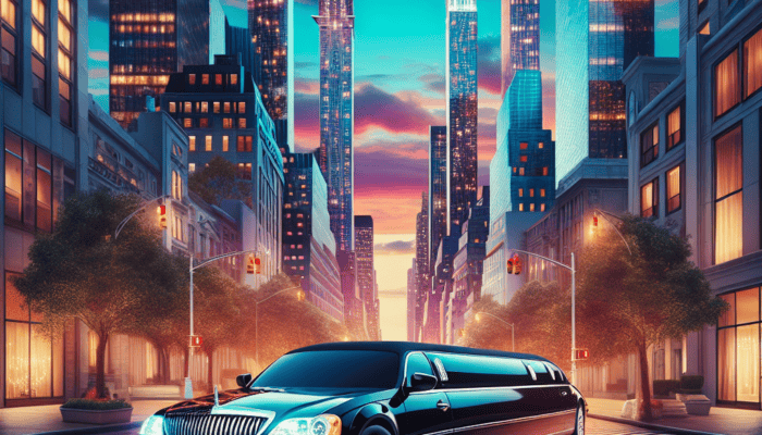 Black stretch limousine on city street at sunset