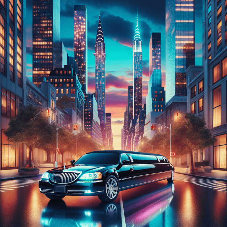 Black stretch limousine on city street at sunset