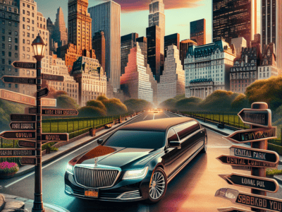 Luxury limousine near Central Park, New York skyline