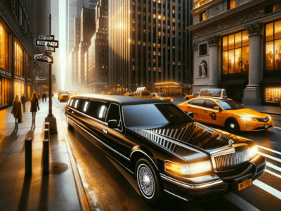 Black limousine on New York City street at sunset