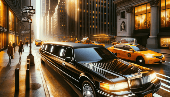 Black limousine on New York City street at sunset