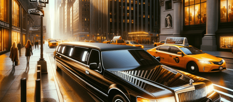 Black limousine on New York City street at sunset