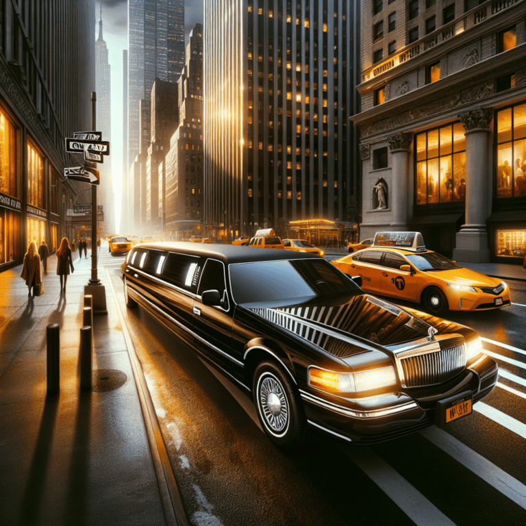 Black limousine on New York City street at sunset