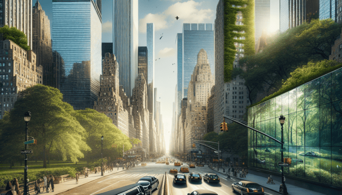 Futuristic green skyscrapers along busy city avenue