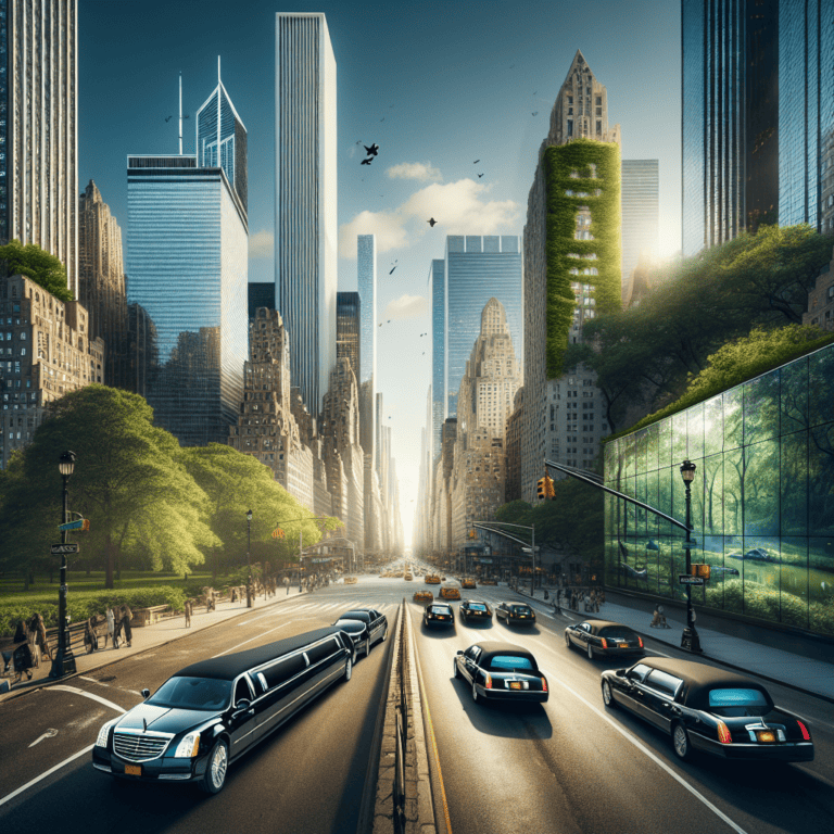 Futuristic green skyscrapers along busy city avenue