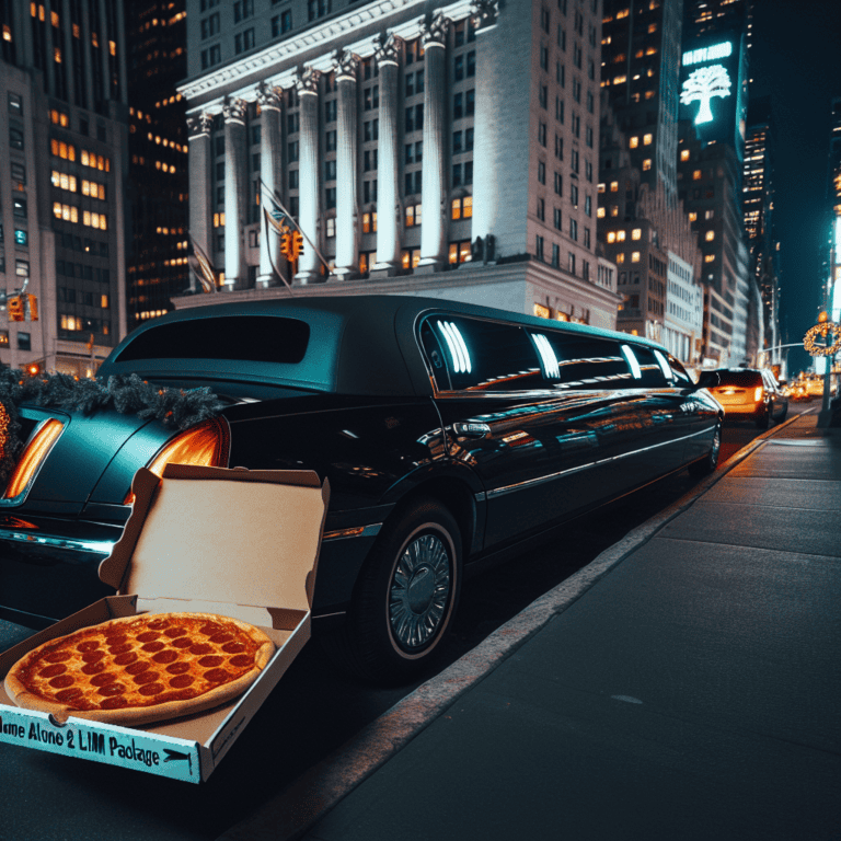 Open pizza box beside limousine on city street
