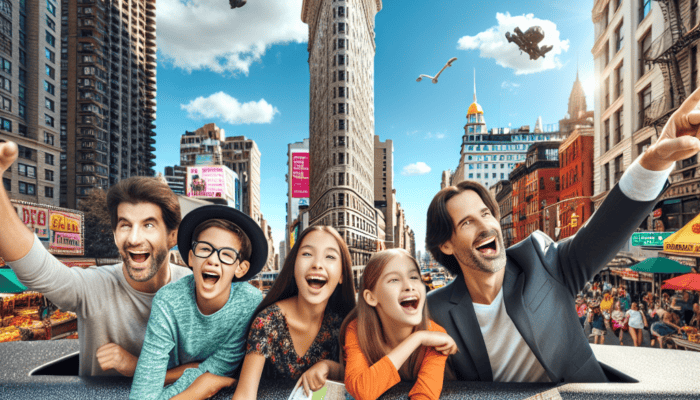Happy family sightseeing near Flatiron Building in New York