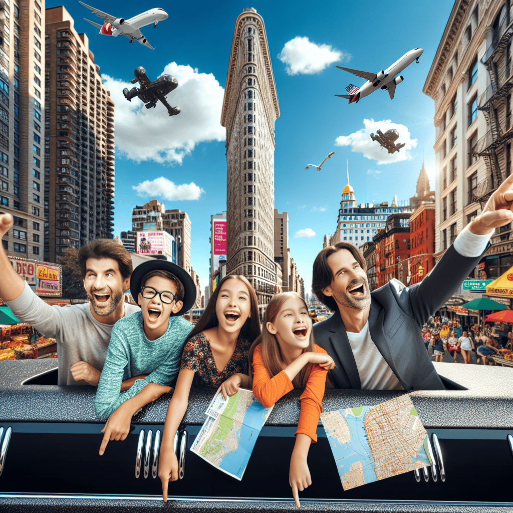 Happy family sightseeing near Flatiron Building in New York