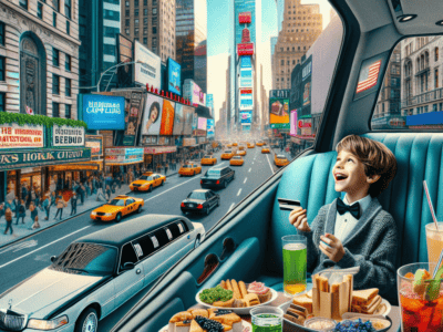 Boy dining in limousine overlooking Times Square