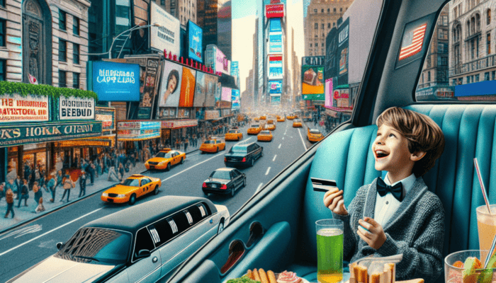 Boy dining in limousine overlooking Times Square