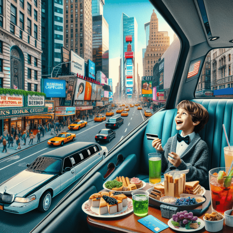Boy dining in limousine overlooking Times Square