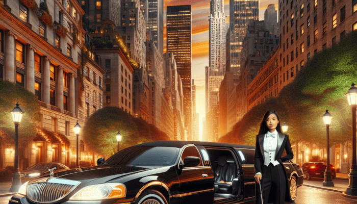 Chauffeur beside limousine in New York at sunset