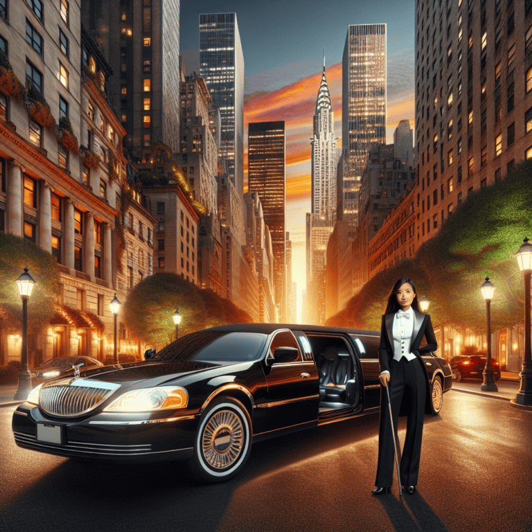 Chauffeur beside limousine in New York at sunset
