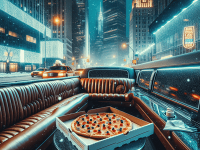 Pizza inside limousine overlooking snowy city at night