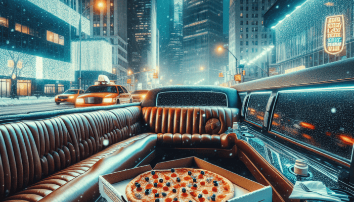 Pizza inside limousine overlooking snowy city at night