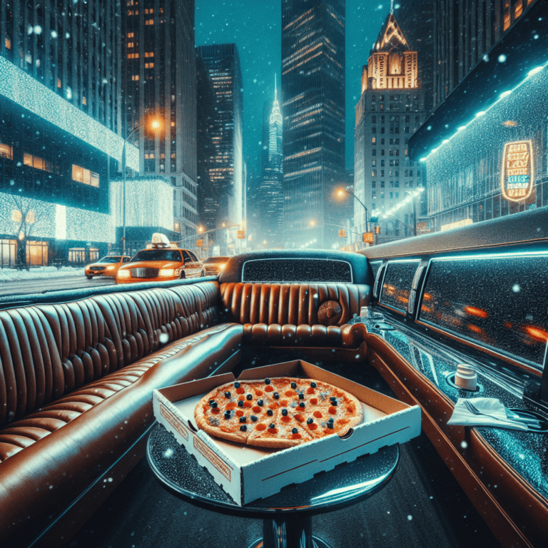 Pizza inside limousine overlooking snowy city at night