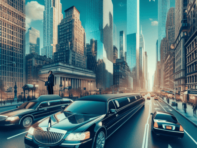 Stretch limousines driving through futuristic Manhattan skyline