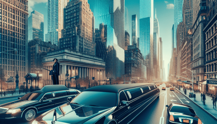 Stretch limousines driving through futuristic Manhattan skyline