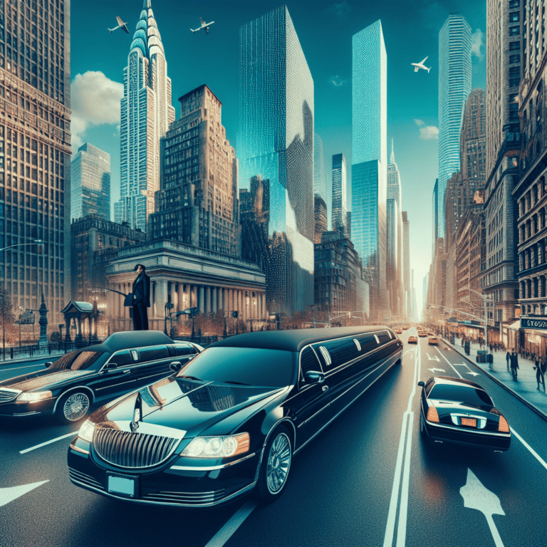 Stretch limousines driving through futuristic Manhattan skyline