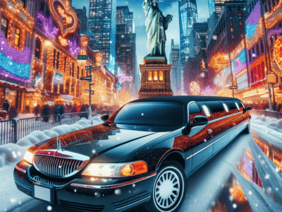 Black limousine in snowy, festive New York City