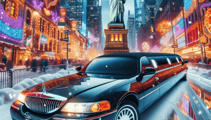 Black limousine in snowy, festive New York City