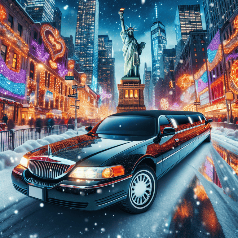 Black limousine in snowy, festive New York City