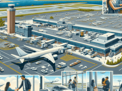 Illustrated busy airport terminal with planes and passengers