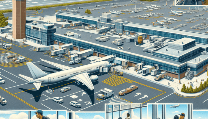Illustrated busy airport terminal with planes and passengers