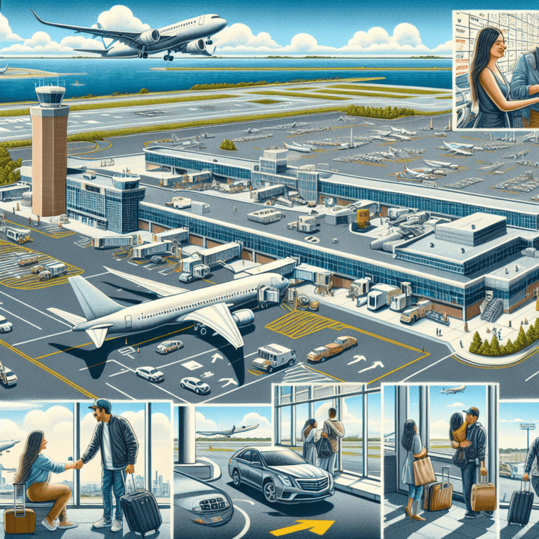 Illustrated busy airport terminal with planes and passengers