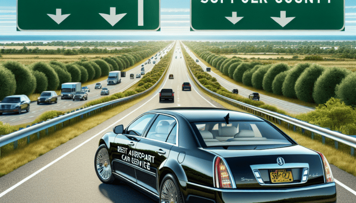 Black airport car service driving toward ISP Airport signs