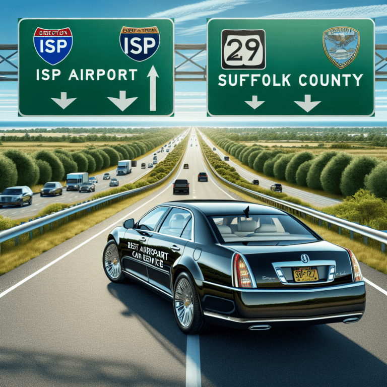 Black airport car service driving toward ISP Airport signs