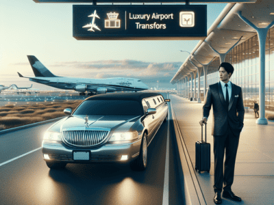Luxury limousine airport transfer with businessman and airplane.