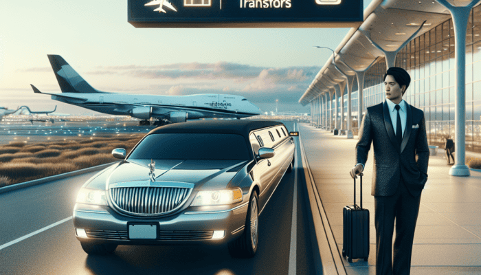 Luxury limousine airport transfer with businessman and airplane.