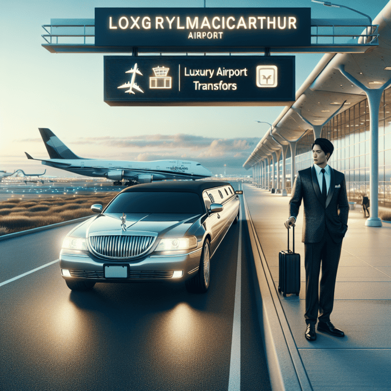 Luxury limousine airport transfer with businessman and airplane.