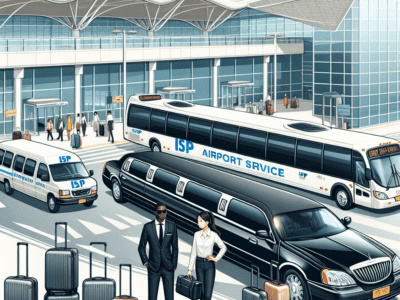 Airport terminal with limousine, shuttle bus, travelers and luggage
