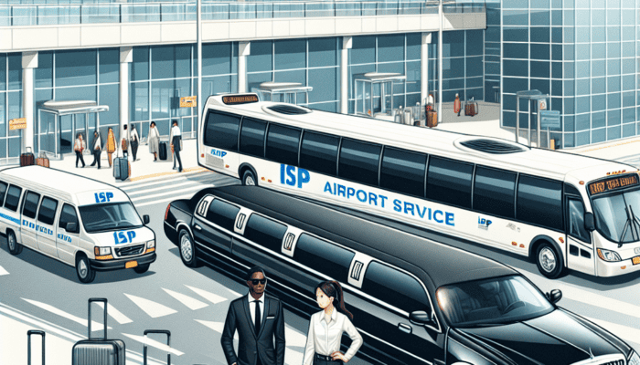 Airport terminal with limousine, shuttle bus, travelers and luggage