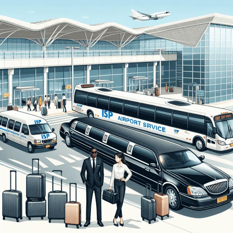 Airport terminal with limousine, shuttle bus, travelers and luggage