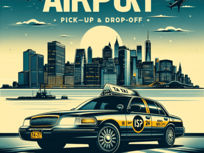 Airport taxi service poster with city skyline