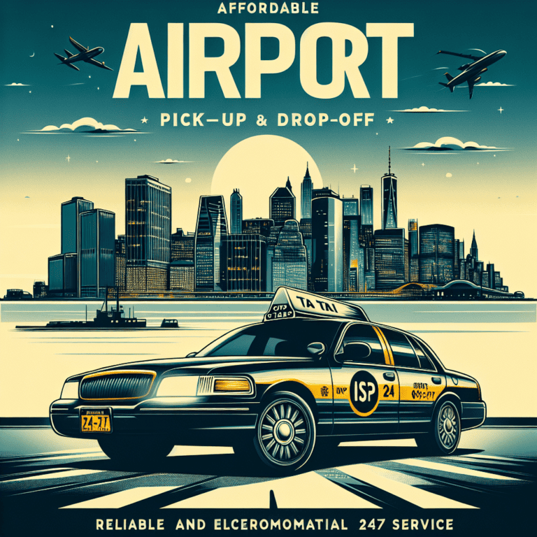 Airport taxi service poster with city skyline