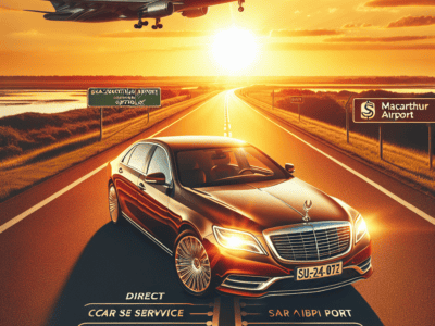 Luxury sedan driving toward airport under landing plane