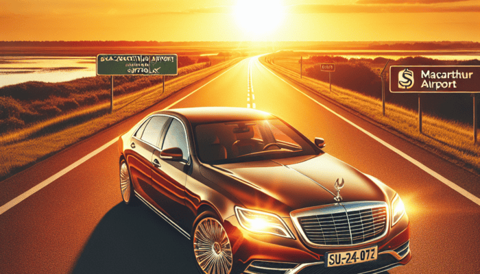 Luxury sedan driving toward airport under landing plane