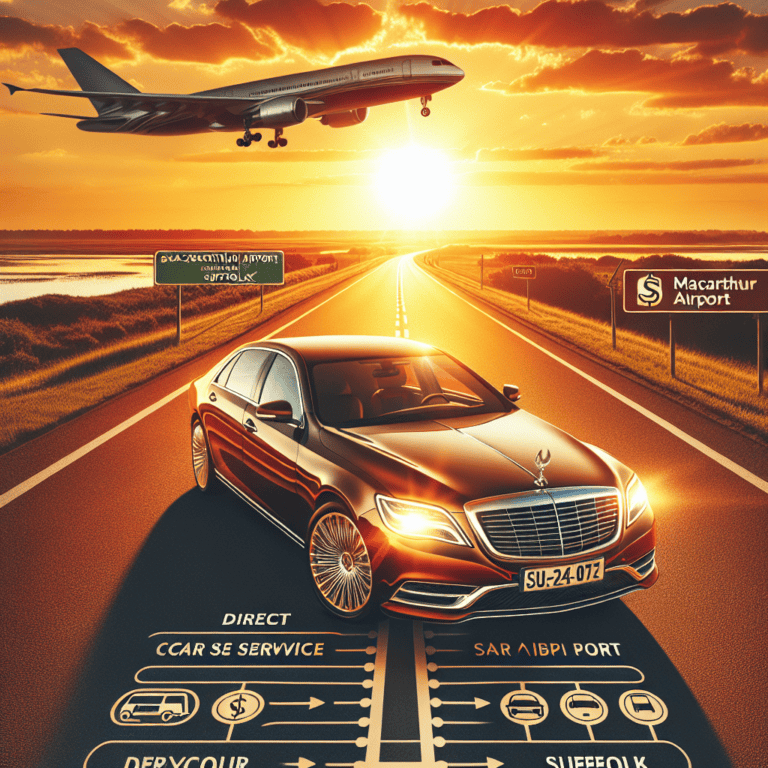 Luxury sedan driving toward airport under landing plane