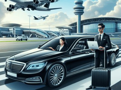 Luxury airport transfer with chauffeur and airplane overhead