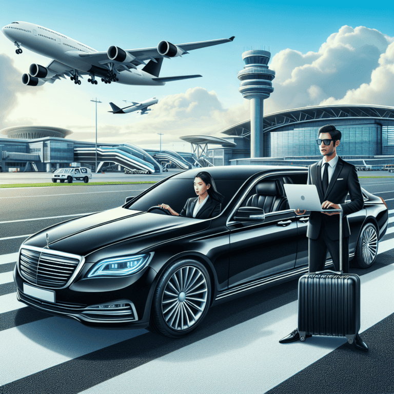 Luxury airport transfer with chauffeur and airplane overhead