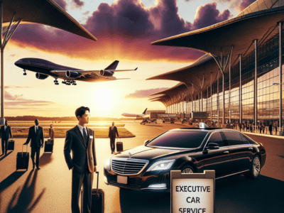 Executive car service at airport terminal sunset