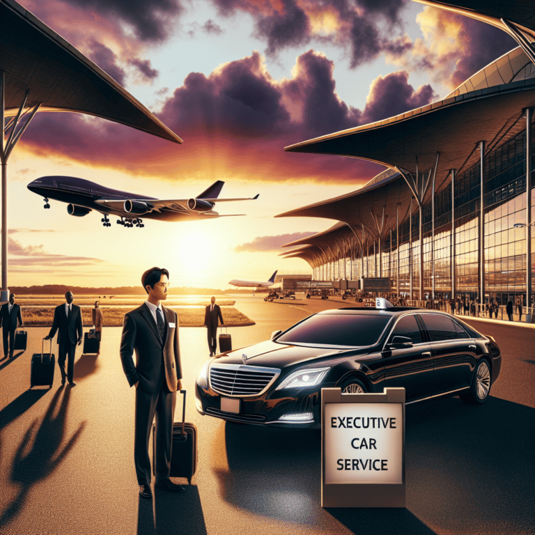 Executive car service at airport terminal sunset