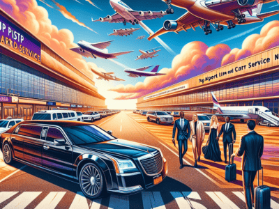 Luxury limousine service at busy airport with jets