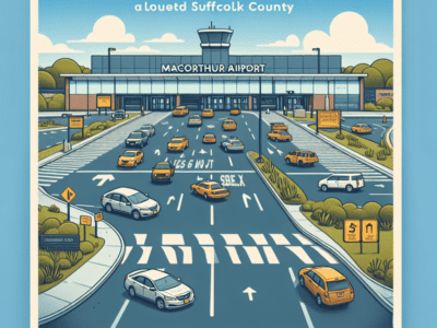 Illustrated airport drop-off traffic at MacArthur Airport entrance